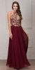 Gold Accent Keyhole Mesh Bust Long Formal Evening Dress in Burgundy